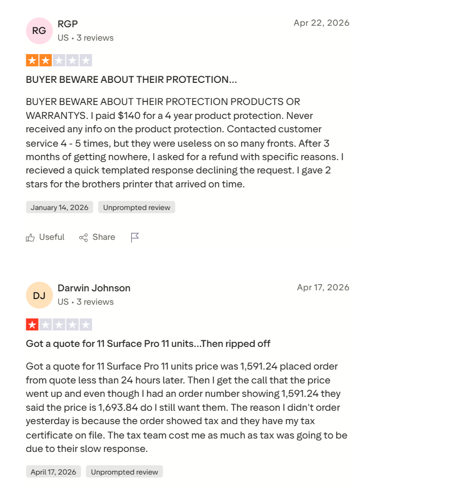 SHI international alternatives - a screenshot of CDW trustpilot reviews